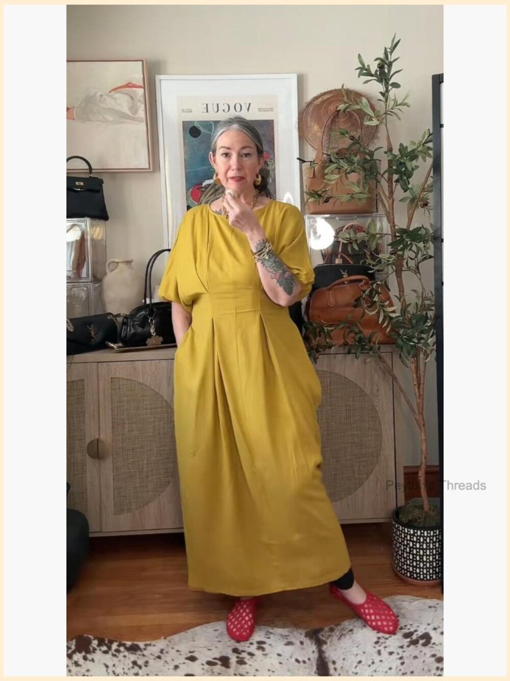 Vintage Linen Midi Dress Puff Sleeves Crew Neck Empire Waist with Pockets - Picture 6 of 7